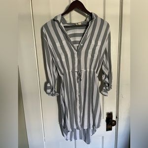 Japna grey and white striped 3/4 sleeve shirt dress with cinched waist, size M